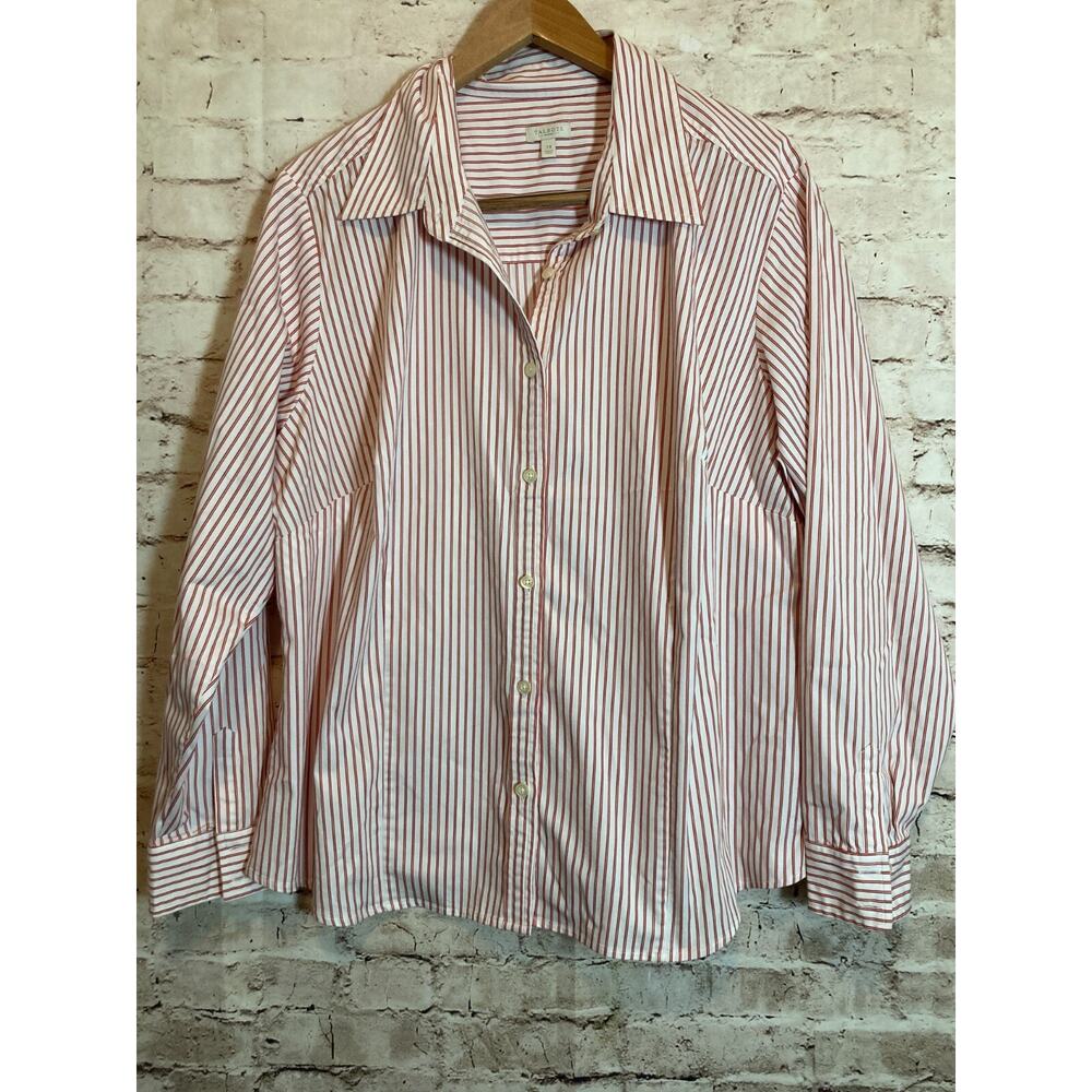 Talbots Top Womens 2X Red & White Striped‎ Button Up Long Sleeve Cotton Plus